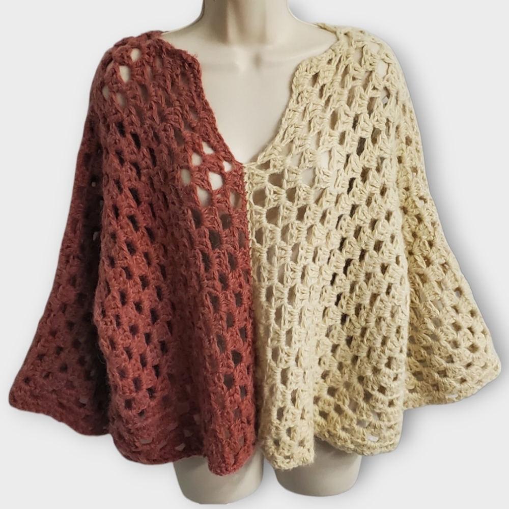 Handmade Crochet Oversized Granny Stitch 3/4 Sleeve Cropped Sweater